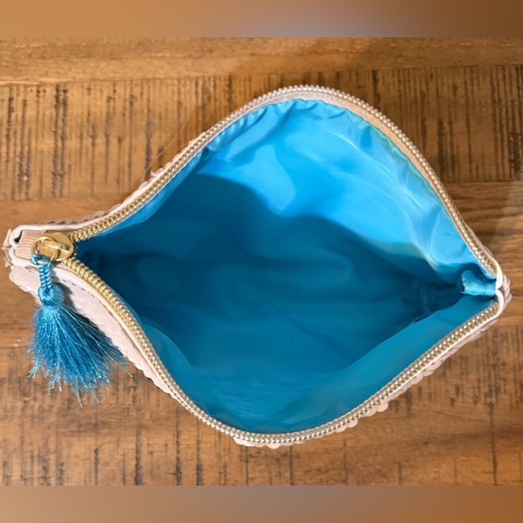 Tarte Cream/Gold Sequined Cosmetic Bag with teal tassels - Picture 4 of 4